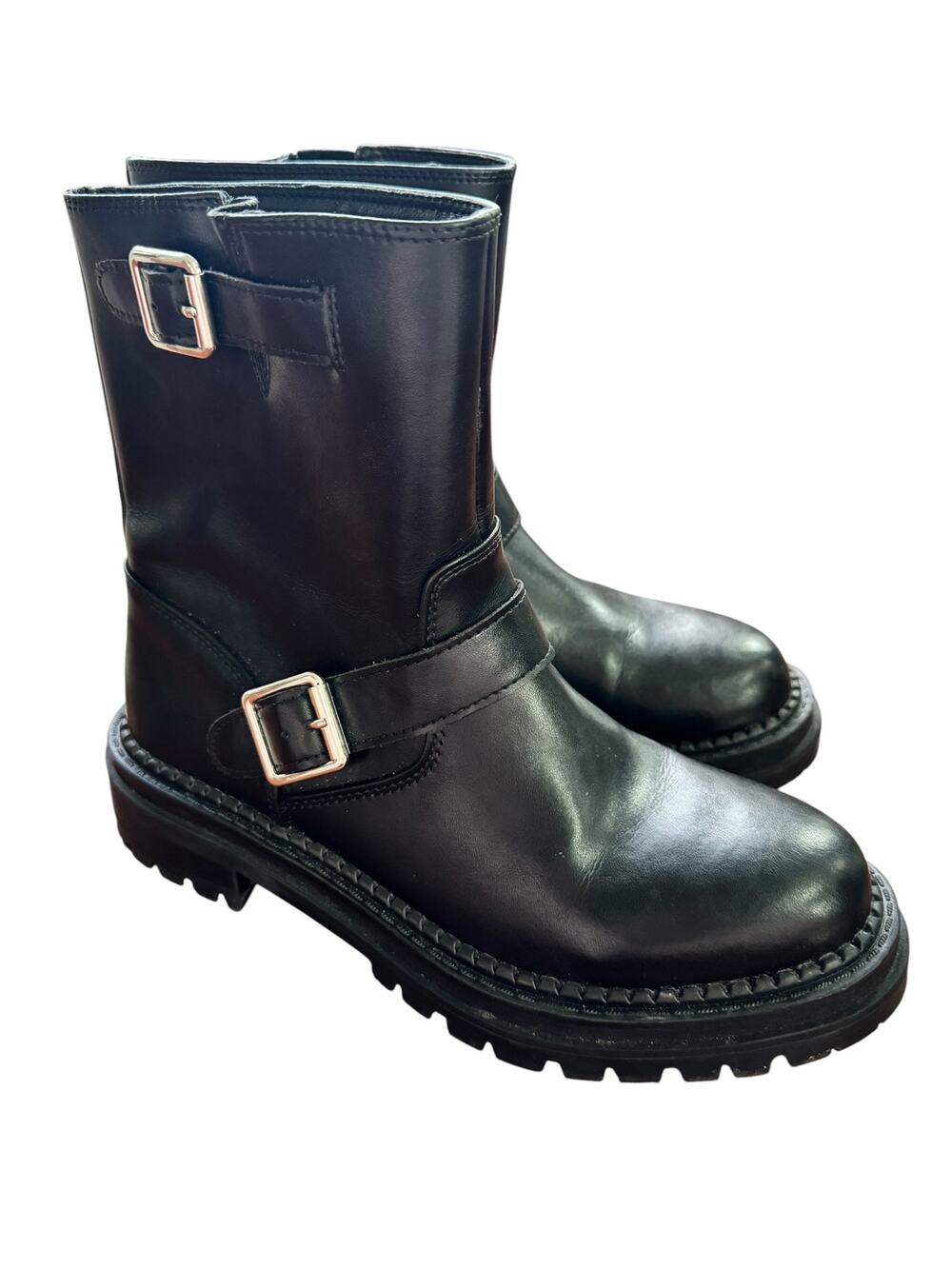 Steve Madden Brycin Black Leather Moto Engineer Boots Buckle Lug Sole Size 7.5
